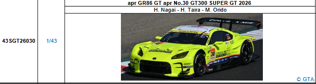 【スパーク(43SGT26030)5/25 19時ご予約商品締切】1/43 apr GR86 GT apr No.30 GT300 SUPER GT 2026(永井 宏明／平良 響／織戸 学)予価：税込￥13200