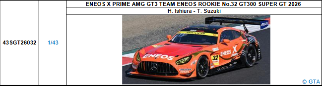 【スパーク(43SGT26032)5/25 19時ご予約商品締切】1/43 ENEOS X PRIME AMG GT3 TEAM ENEOS ROOKIE No.32 GT300 SUPER GT 2026(石浦宏明／鈴木斗輝哉)予価：税込￥13200