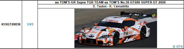 【スパーク(43SGT26036)5/25 19時ご予約商品締切】1/43 au TOM'S GR Supra TGR TEAM au TOM'S No.36 GT500 SUPER GT 2026(坪井 翔／山下 健太)予価：税込￥13200