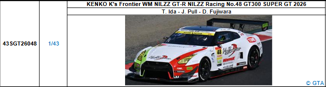 【スパーク(43SGT26048)5/25 19時ご予約商品締切】1/43 KENKO K's Frontier WM NILZZ GT-R NILZZ Racing No.48 GT300 SUPER GT 2026(井田 太陽／ジェームス・プル／藤原 大暉)予価：税込￥13200