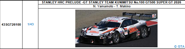 【スパーク(43SGT26100)5/25 19時ご予約商品締切】1/43 STANLEY HRC PRELUDE -GT STANLEY TEAM KUNIMITSU No.100 GT500 SUPER GT 2026(山本 尚貴／牧野 任祐)予価：税込￥13200