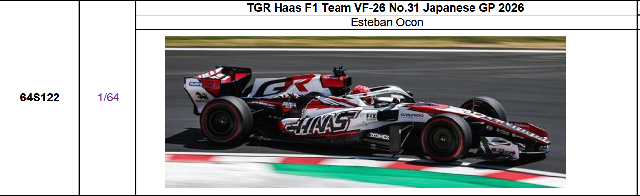 【スパーク(64S122)ご予約商品6/28締切】1/64 ハースF1 VF-26 E.オコン 2026年日本GP No.31 予価：税込￥3300