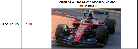【ルックスマート(LS18F1085)ご予約商品7/2締切】1/18 フェラーリ SF-26 L.ハミルトン 2026年モナコGP2位 予価：税込￥44000