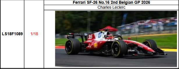 【ルックスマート(LS18F1089)ご予約商品8/19締切】1/18 フェラーリ SF-26 C.ルクレール 2026年ベルギーGP 2位 No.16 予価：税込￥44000