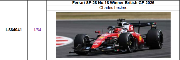 【ルックスマート(LS64041)ご予約商品8/3締切】1/64 フェラーリ SF-26 No.16 C.ルクレール 2026年イギリスGP優勝　予価：税込￥5500