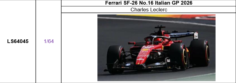 【ルックスマート(LS64045)ご予約商品10/14締切】1/64 フェラーリ SF-26 No.16 C.ルクレール 2026年イタリアGP予価：税込￥5500