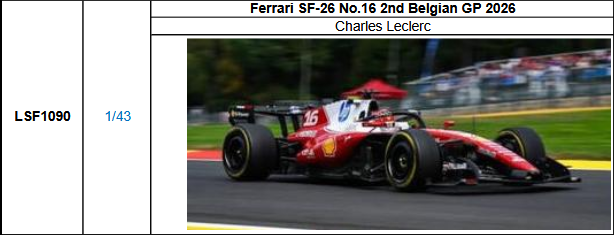【ルックスマート(LSF1090)ご予約商品8/19締切】1/43 フェラーリ SF-26 C.ルクレール 2026年ベルギーGP 2位 No.16 予価：税込￥18700