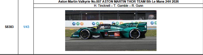 【スパーク(S8383)ご予約商品8/3締切】1/43 Aston Martin Valkyrie No.007 ASTON MARTIN THOR TEAM 2026ルマン24時間レース8位 H.ティンクネル-T.ギャンブル-R.ガン 予価：税込￥13970