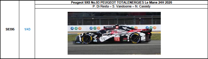 【スパーク(S8395)ご予約商品8/3締切】1/43 Peugeot 9X8 No.93 PEUGEOT TOTALENERGIES 2026ルマン24時間レース P.ディ・レスタ-S.バンドーン-N.キャシディ 予価：税込￥13970