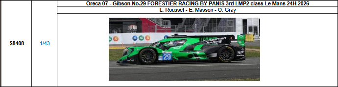 【スパーク(S8408)ご予約商品8/3締切】1/43 Oreca 07-Gibson No.29 FORESTIER RACING BY PANIS LMP2クラス3位 2026ルマン24時間レース L.ルセ-E.マッソン-O.グレイ 予価：税込￥13970