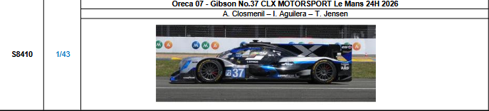 【スパーク(S8410)ご予約商品8/3締切】1/43 Oreca 07-Gibson No.37 CLX MOTORSPORT 2026ルマン24時間レース A.クロスメニル-I.アギレラ-T.イェンセン 予価：税込￥13970