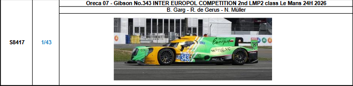 【スパーク(S8417)ご予約商品8/3締切】1/43 Oreca 07-Gibson No.343 INTER EUROPOL COMPETITION LMP2クラス2位 2026ルマン24時間レース B.ガルグ-R.デ・ジェルス-N.ミュラー 予価：税込￥13970