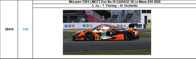 【スパーク(S8419)ご予約商品8/3締切】1/43 McLaren 720S LMGT3 Evo No.10 GARAGE 59 2026ルマン24時間レース A.アウ-T.フレミング-M.キルヒホーファー 予価：税込￥13970