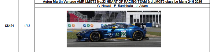 【スパーク(S8421)ご予約商品8/3締切】1/43 Aston Martin Vantage AMR LMGT3 No.23 HEART OF RACING TEAM LMGT3クラス3位 2026ルマン24時間レース G.ニューウェル-E.バリチェロ-J.アダム 予価：税込￥13970
