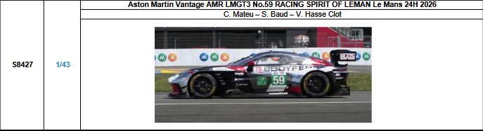【スパーク(S8427)ご予約商品8/3締切】1/43 Aston Martin Vantage AMR LMGT3 No.59 RACING SPIRIT OF LEMAN 2026ルマン24時間レース C.マテウ-S.ボード-V.アス・クロ 予価：税込￥13970
