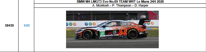【スパーク(S8430)ご予約商品8/3締切】1/43 BMW M4 LMGT3 Evo No.69 TEAM WRT 2026ルマン24時間レース A.マッキントッシュ-P.トンプソン-D.ハーパー 予価：税込￥13970