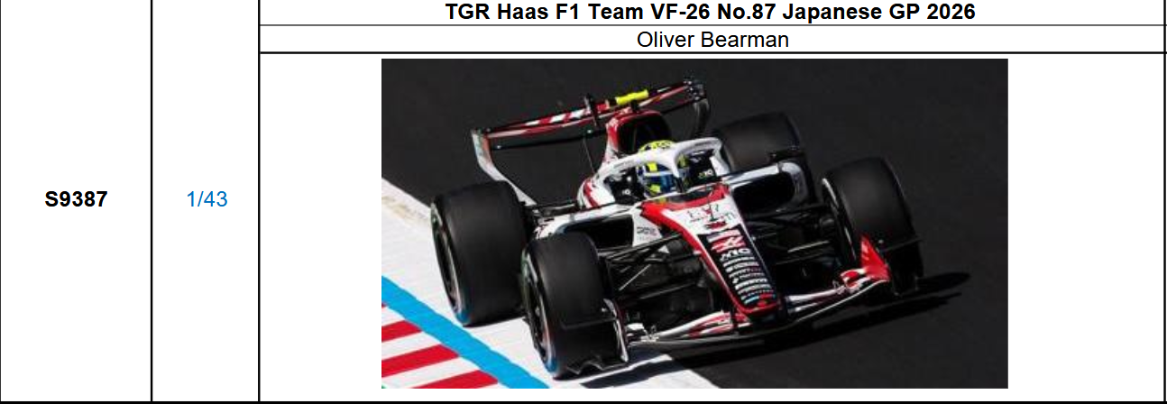 【スパーク(S9387)ご予約商品6/28締切】1/43 ハースF1 VF-26 O.ベアマン 2026年日本GP No.87 予価：税込￥13200 