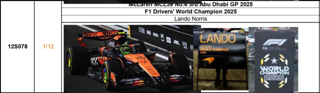 【スパーク(12S078)ご予約商品26/01/04締切】1/12 マクラーレン MCL39 L.ノリス 2025年アブダビGP3位 F1 Drivers' World Champion 2025 No.4(Pit board付属)予価:税込¥119900