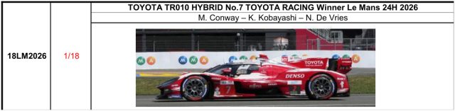 【スパーク(18LM2026)ご予約商品8/9締切】1/18 TOYOTA TR010 HYBRID No.7 TOYOTA RACING Winner Le Mans 24H 2026 M. Conway - K. Kobayashi - N. De Vries 予価：税込￥37400