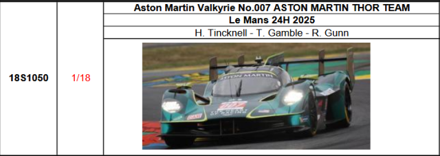 【スパーク(18S1050)ご予約商品8/10締切】1/18 Aston Martin Valkyrie No.007 ASTON MARTIN THOR TEAM 2025年ルマン24時間レースH. Tincknell - T. Gamble - R. Gunn 予価：税込￥33990 