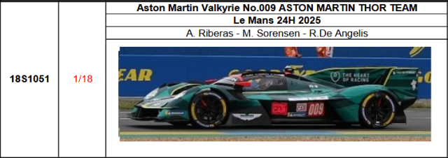【スパーク(18S1051)ご予約商品8/10締切】1/18 Aston Martin Valkyrie No.009 ASTON MARTIN THOR TEAM 2025年ルマン24時間レースA. Riberas - M. Sorensen - R.De Angelis 予価：税込￥33990 