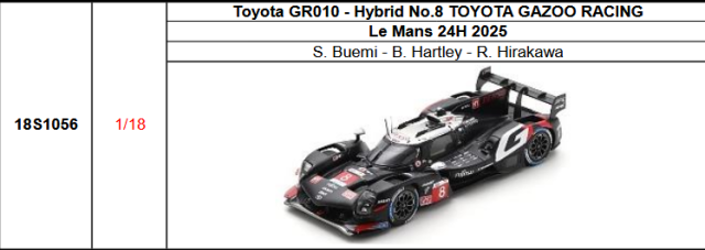 【スパーク(18S1056)ご予約商品8/10締切】1/18 Toyota GR010 - Hybrid No.8 TOYOTA GAZOO RACING 2025年ルマン24時間レースS. Buemi - B. Hartley - R. Hirakawa 予価：税込￥33990 