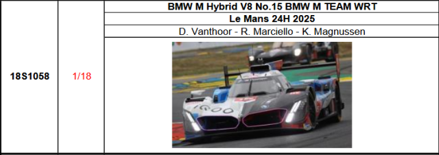 【スパーク(18S1058)ご予約商品8/10締切】1/18 BMW M Hybrid V8 No.15 BMW M TEAM WRT 2025年ルマン24時間レースD. Vanthoor - R. Marciello - K. Magnussen 予価：税込￥33990 