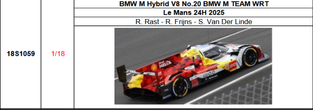 【スパーク(18S1059)ご予約商品8/10締切】1/18 BMW M Hybrid V8 No.20 BMW M TEAM WRT 2025年ルマン24時間レースR. Rast - R. Frijns - S. Van Der Linde 予価：税込￥33990 