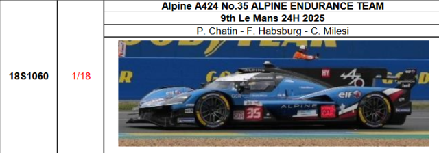 【スパーク(18S1060)ご予約商品8/10締切】1/18 Alpine A424 No.35 ALPINE ENDURANCE TEAM 9th 2025年ルマン24時間レースP. Chatin - F. Habsburg - C. Milesi 予価：税込￥33990 