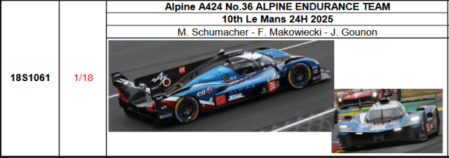【スパーク(18S1061)ご予約商品8/10締切】1/18 Alpine A424 No.36 ALPINE ENDURANCE TEAM 10th 2025年ルマン24時間レースM. Schumacher - F. Makowiecki - J. Gounon 予価：税込￥33990 