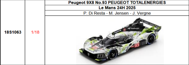 【スパーク(18S1063)ご予約商品8/10締切】1/18 Peugeot 9X8 No.93 PEUGEOT TOTALENERGIES 2025年ルマン24時間レースP. Di Resta - M. Jensen - J. Vergne 予価：税込￥33990 