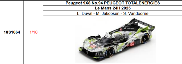 【スパーク(18S1064)ご予約商品8/10締切】1/18 Peugeot 9X8 No.94 PEUGEOT TOTALENERGIES 2025年ルマン24時間レースL. Duval - M. Jakobsen - S. Vandoorne 予価：税込￥33990 