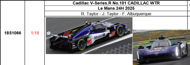 【スパーク(18S1066)ご予約商品8/10締切】1/18 Cadillac V-Series.R No.101 CADILLAC WTR 2025年ルマン24時間レースR. Taylor - J. Taylor - F. Albuquerque 予価：税込￥33990 