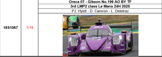 【スパーク(18S1067)ご予約商品8/10締切】1/18 Oreca 07 - Gibson No.199?AO BY TF 3rd LMP2 class 2025年ルマン24時間レースPJ. Hyett - D. Camron - L. Deletraz 予価：税込￥33990 