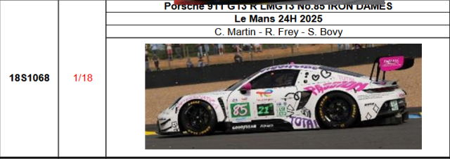 【スパーク(18S1068)ご予約商品8/10締切】1/18 Porsche 911 GT3 R LMGT3 No.85 IRON DAMES 2025年ルマン24時間レースC. Martin - R. Frey - S. Bovy 予価：税込￥33990 