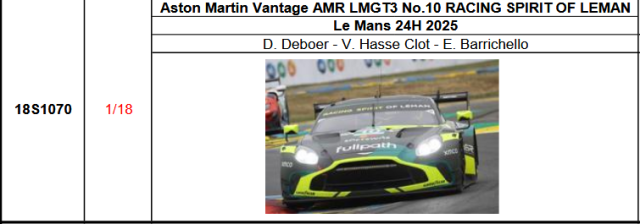 【スパーク(18S1070)ご予約商品8/10締切】1/18 Aston Martin Vantage AMR LMGT3 No.10?RACING SPIRIT OF LEMAN 2025年ルマン24時間レースD. Deboer -?V. Hasse Clot - E. Barrichello 予価：税込￥33990 