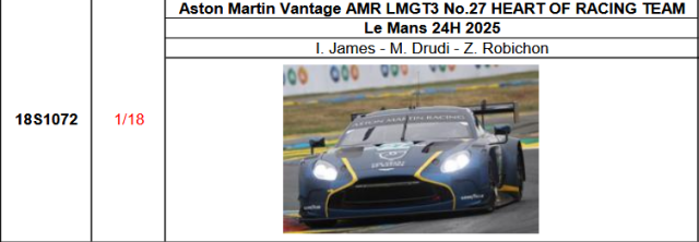 【スパーク(18S1072)ご予約商品8/10締切】1/18 Aston Martin Vantage AMR LMGT3 No.27?HEART OF RACING TEAM 2025年ルマン24時間レースI. James - M. Drudi - Z. Robichon 予価：税込￥33990 