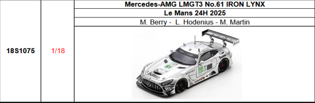 【スパーク(18S1075)ご予約商品8/10締切】1/18 Mercedes-AMG LMGT3 No.61 IRON LYNX 2025年ルマン24時間レースM. Berry -? L. Hodenius - M. Martin 予価：税込￥33990 