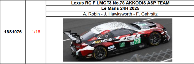 【スパーク(18S1076)ご予約商品8/10締切】1/18 Lexus RC F LMGT3 No.78?AKKODIS ASP TEAM 2025年ルマン24時間レースA. Robin - J. Hawksworth - F. Gehrsitz 予価：税込￥33990 
