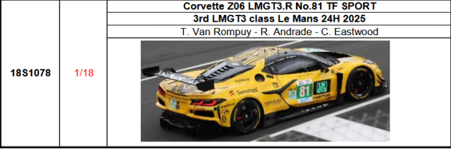 【スパーク(18S1078)ご予約商品8/10締切】1/18 Corvette Z06 LMGT3.R No.81 TF SPORT 3rd LMGT3 class 2025年ルマン24時間レースT. Van Rompuy - R. Andrade - C. Eastwood 予価：税込￥33990 