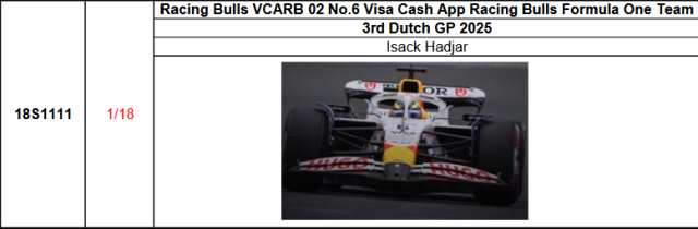 【スパーク(18S1111)ご予約商品11/23締切】1/18 レーシングブルズ VCARB02 I.ハジャー 2025年オランダGP3位 No.6 予価：税込￥34650 