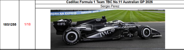 【スパーク(18S1255)ご予約商品4/26締切】1/18 キャディラック F1 MAC-26 S.ペレス　2026年オーストラリアGP No.11 予価：税込￥34650 