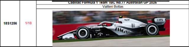 【スパーク(18S1256)ご予約商品4/26締切】1/18 キャディラック F1 MAC-26 V.ボッタス 2026年オーストラリアGP No.77 予価：税込￥34650 