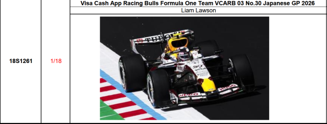 【スパーク(18S1261)ご予約商品6/28締切】1/18 レーシングブルズ VCARB03 L.ローソン 2026年GP日本GP No.30 予価：税込￥34650
