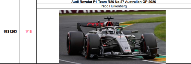 【スパーク(18S1263)ご予約商品4/26締切】1/18 アウディ F1 R26 N.ヒュルケンベルグ 2026年オーストラリアGP No.27 予価：税込￥34650 