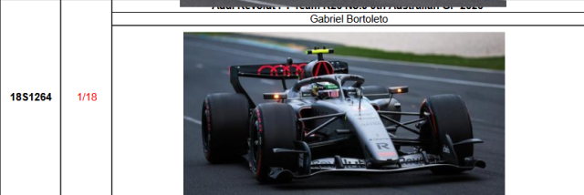 【スパーク(18S1264)ご予約商品4/26締切】1/18 アウディ F1 R26 G.ボルトレイト2026年オーストラリアGP No.5 予価：税込￥34650 