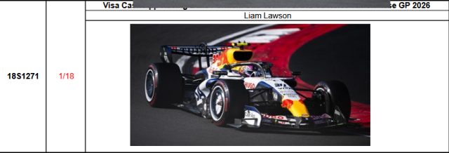 【スパーク(18S1271)ご予約商品4/26締切】1/18 レーシングブルズ VCARB03 L.ローソン 2026年中国GP7位 No.30 予価：税込￥34650 