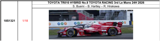【スパーク(18S1321)ご予約商品8/9締切】1/18 TOYOTA TR010 HYBRID No.8 TOYOTA RACING 3rd Le Mans 24H 2026 S. Buemi - B. Hartley - R. Hirakawa 予価:税込¥37400