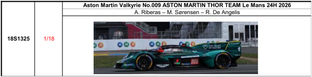 【スパーク(18S1325)ご予約商品8/9締切】1/18 Aston Martin Valkyrie No.009 ASTON MARTIN THOR TEAM Le Mans 24H 2026 A. Riberas - M. S?rensen - R. De Angelis 予価:税込¥37400