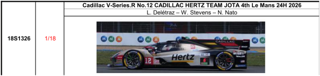 【スパーク(18S1326)ご予約商品8/9締切】1/18 Cadillac V-Series.R No.12 CADILLAC HERTZ TEAM JOTA 4th Le Mans 24H 2026 L. Del?traz - W. Stevens - N. Nato 予価:税込¥37400